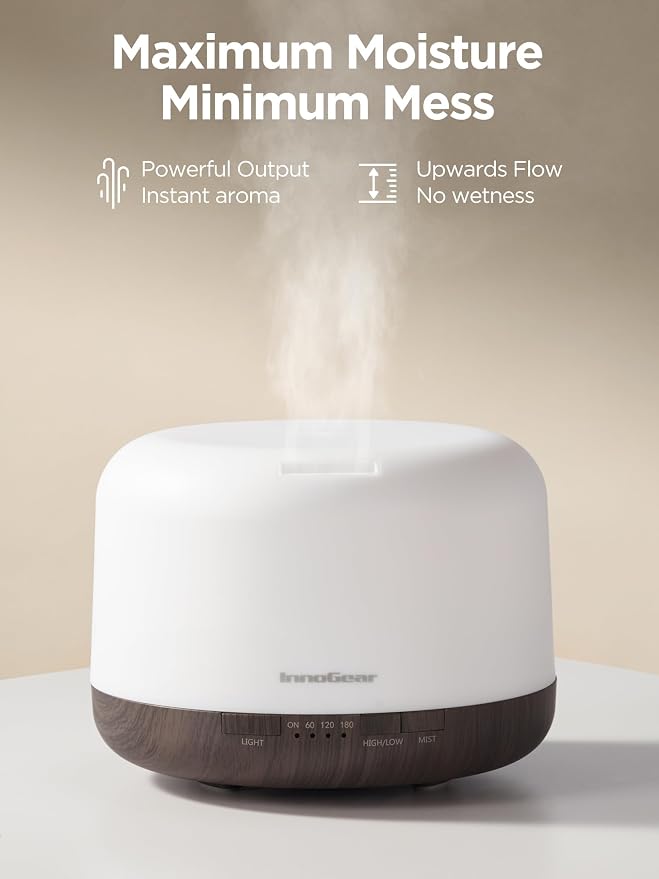 InnoGear Aromatherapy Diffuser & 10 Essential Oils Set, 500ml Essential Oil Diffuser with Remote Control Mother's Gift Ultrasonic Cool Mist Scent Humidifier Vaporizer Auto-Off Timer for Home, Brown