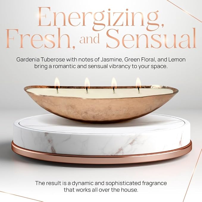Dough Bowl Candle Co. Luxury Candle - Scented Luxury Candles for Home, 12x5x2 Inch Vessel for Women and Men, Fancy 4 Wick for All Occasions (Copper, Gardenia Tuberose)