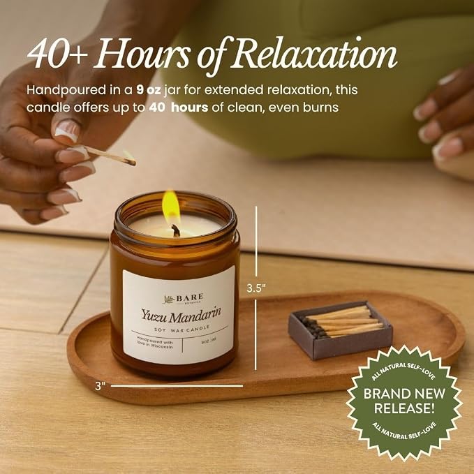 Bare Botanics Non-Toxic Yuzu Mandarin 9oz Soy Candle - 100% Plant-Based Fragrance Oils - Handpoured in WI - 40+ Hrs