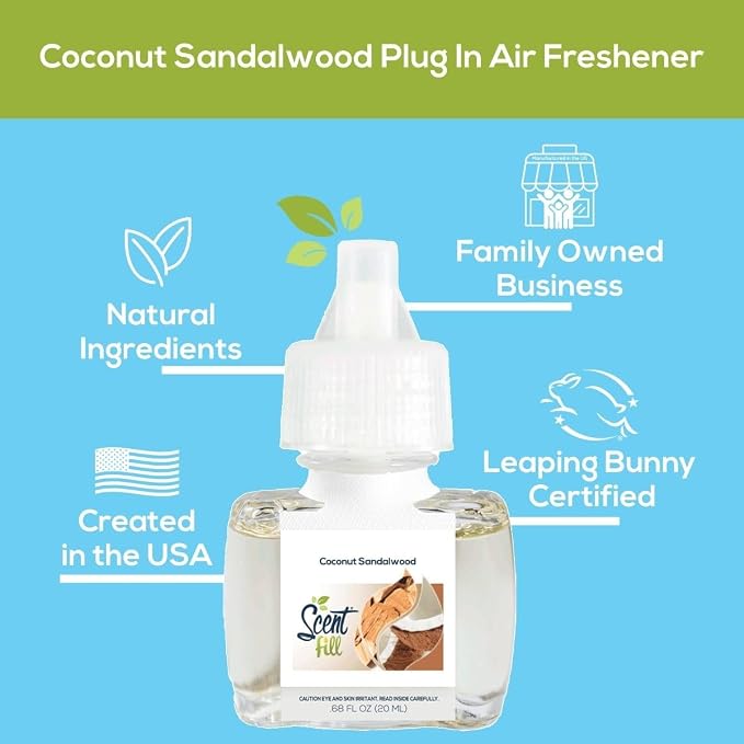 Scent Fill Coconut Sandalwood Plug in Air Freshener, Scented Oil Refills, 2 Refills + Diffuser