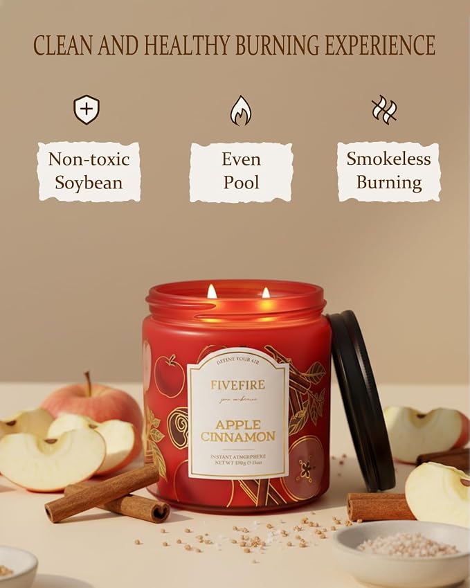Apple Cinnamon Scented Candles for Fall Home, 13oz Natural Soy Wax 2-Wick Jar, Up to 76-Hour Clean Burn, Crisp Spiced Apple Home Fragrance, Gift for Women Men