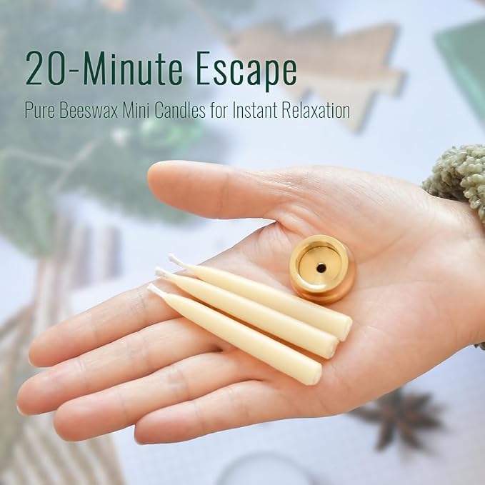 20-Minute White Pure Beeswax Candles, Dripless Meditation Candles, Mini Taper Candles with Brass Candle Holders, Set of 20