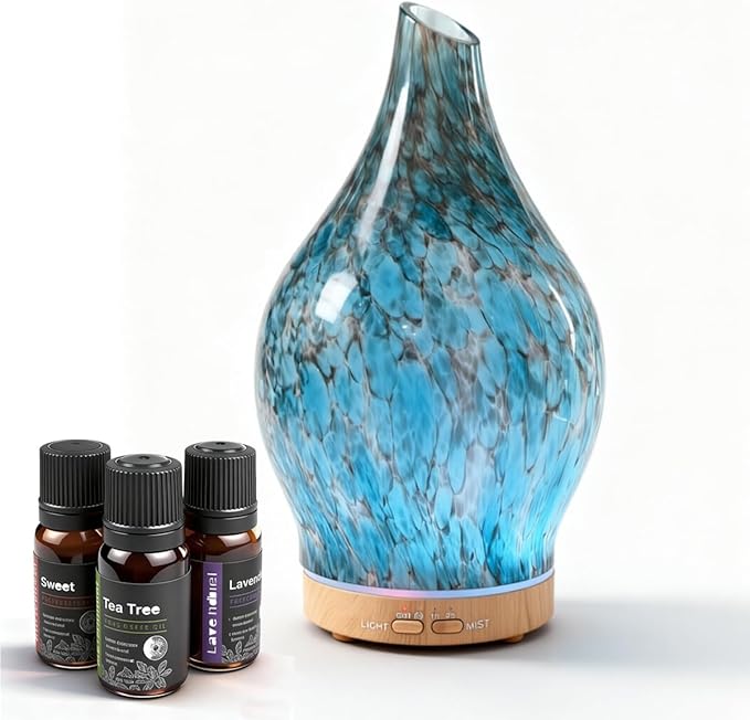 Glass Oil Diffuser with 3 Essential Oil Set,200ml Diffuser for Table Decor,Small Humidifier with Timer,7 LED Color Lights for Small Space Office Bedroom Room Decor Gifts for Women Men