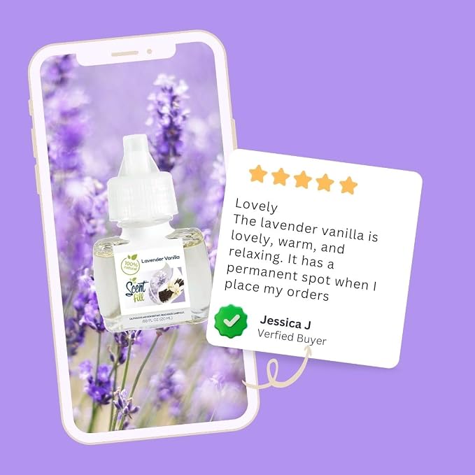 Scent Fill 100% Natural Lavender Vanilla Plug in Air Freshener, Scented Oil Refills, 2 Refills + Diffuser