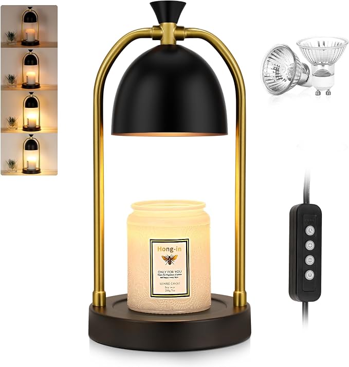 Hong-in Candle Warmer Lamp with Timer & Dimmable, Cozy Birthday Gift for Women Mom, Modern Home Decor House Warming Gifts Wax Melt Warmer for Jar Candles with 2 Bulbs (Black)