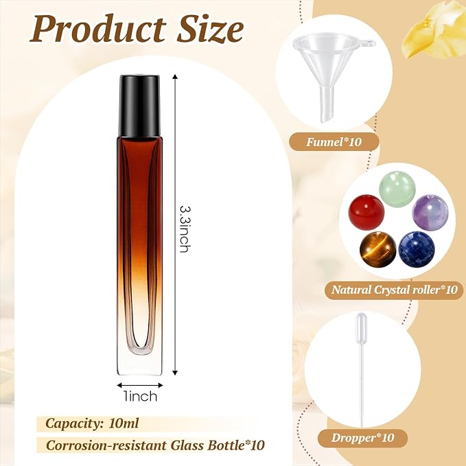 Domensi 10 Pack 10ml Amethyst/Tiger Eye/Green Aventurine/Lapis Lazuli Essential Oil Roller Bottles,Refillable Leak Proof Roll On Bottles Travel Perfume Vials for DIY Aromatherapy, Wellness & Self Care