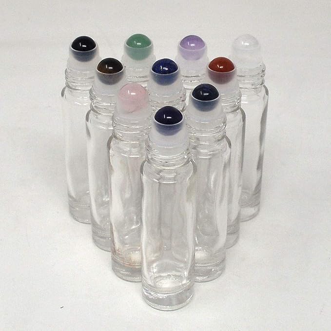 fengshuisale 10pcs Clear 10ml Empty Refillable Glass Bottles with Crystal Semiprecious Stones Essential Oil Gemstone Roller Ball Bottles with Silver Lid with Free Bag W3900 (Multi-1)