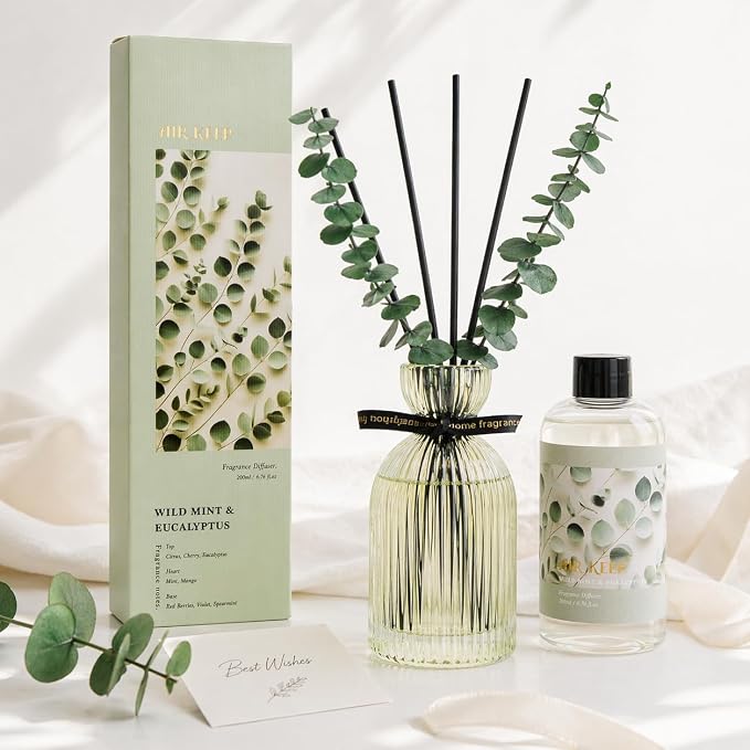 Airkeep Reed Diffuser Set 6.76 oz – Wild Mint & Eucalyptus Decorative Home Fragrance with Eucalyptus Sticks, Ribbed Glass Diffuser for Bathroom & Bedroom Décor, Gift Ready