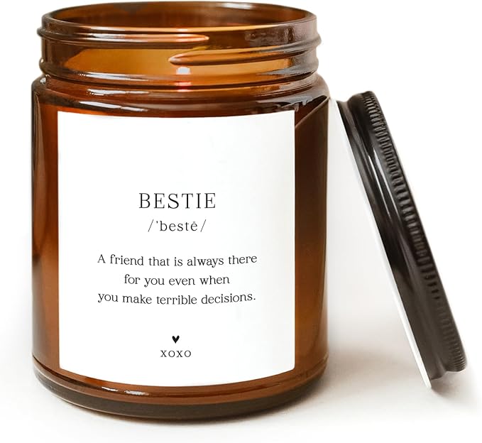 ThreeKin Bestie Candle Gift for Women. Unique Best-Friend Gifts, Lavender Handmade Scent 100% Soy Wax Perfect for Sister, Mom, Daughter, Best Friend, BFF Bday, 9oz Amber Jar, 65 Hour Burn