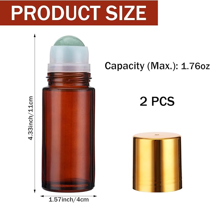 2 Pack 1.7oz Large Amber Glass Roll on Bottles for Essential Oils, Refillable Roller Ball Applicator with Green Crystal Rollerball, Perfume Deodorant Containers, Leak-Proof for Aromatherapy & Skincare