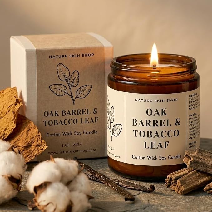 Nature Skin Shop Oak Barrel and Tobacco Leaf Artisan Soy Candle Warm Aromatherapy Home Fragrance Vegan Cotton Wick 8 oz