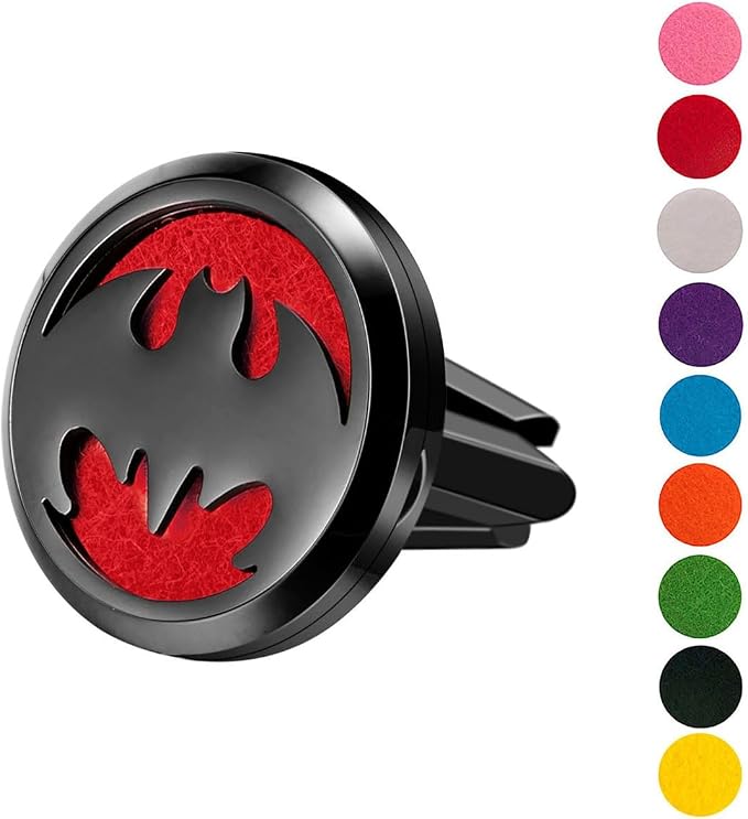 Wild Essentials Black Bat Essential Oil Car Vent Diffuser Kit – 316L Stainless Steel Locket, Rubber-Coated 4-Way Clip, 8 Color Pads (22mm), 25mm – Includes Alert & Inner Calm (2 x 10ml)