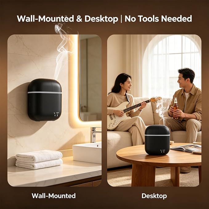 Waterless Essential Oil Diffuser (2 Fragrances Included) 3000 Sq.Ft,Home Hotel Office Use,Cold Air Scent Machine, Bluetooth App Control,LED Light,Wall-Mounted Aroma Diffuser