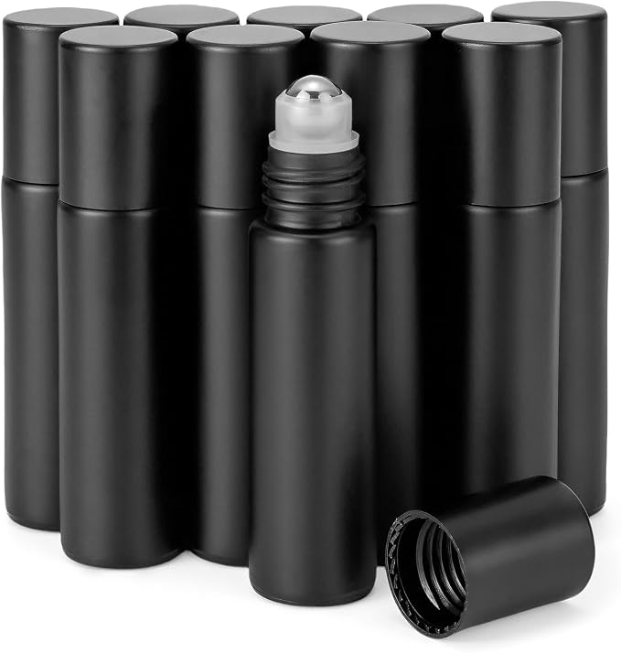 Glass Roller on Bottle, 10ml Refillable Essential Oil Bottle with Stianless Steel Ball, Pack of 10 (Black)