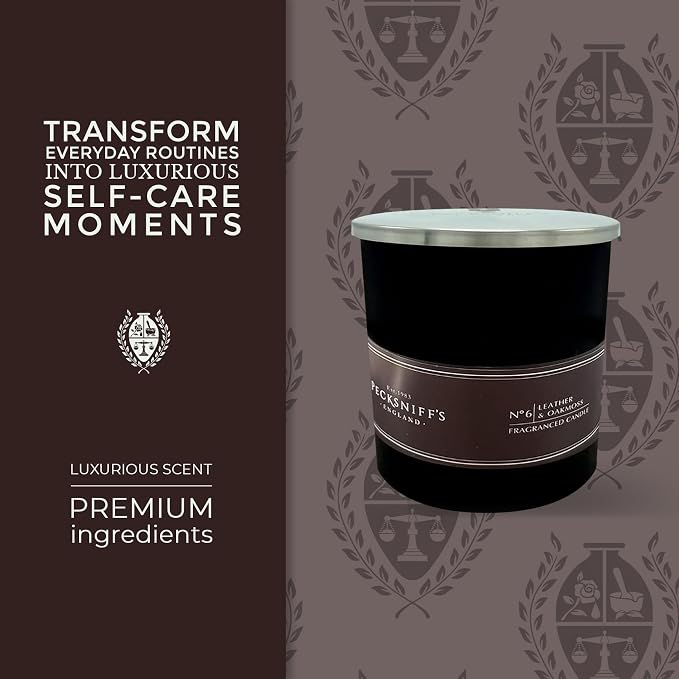 Pecksniffs Black Leather & Oakmoss Scented Candle | 1 Wick, 184g/6.49oz