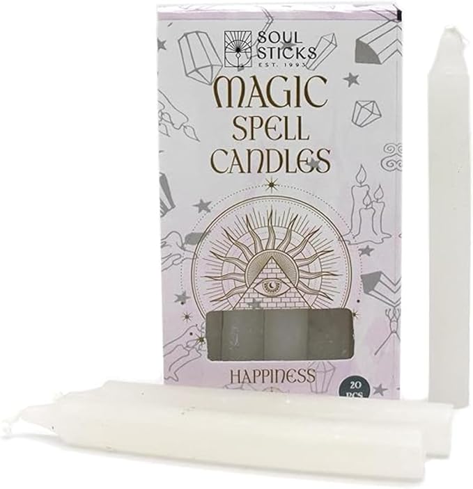 SOUL STICKS Happiness Magic Spell Chime Candles White Taper Candles 20 Pack - Taper Candle White for Altar, Rituals, Ceremonies, Meditation, Witchcraft Supplies, Wiccan, Candles Clearance