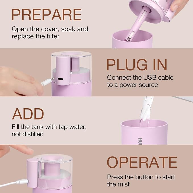 Small Mini Humidifier, USB Desk Cool Mist Humidifier Personal Portable Quiet Table Desktop Humidifiers for Cooling Home Office Car Summer Travel (180ml, Pink)