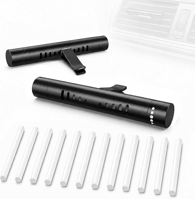 2 Pcs Car Air Essential Oil Diffuser Vent Clip with 12 Pcs Odorless Refill Sticks, Premium Aluminum Air Freshener Diffuser Suitable for Cars, Office, Kitchen (Black, 2 Pcs)