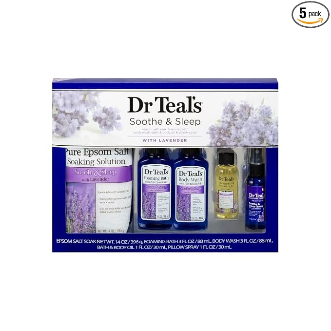 Dr Teal's Lavender Soothe & Sleep Full Regimen 5-piece Gift Set (Epsom Salt Soaking Solution, Foaming Bath, Body Wash, Moisturizing Bath & Body Oil, Pillow Spray)