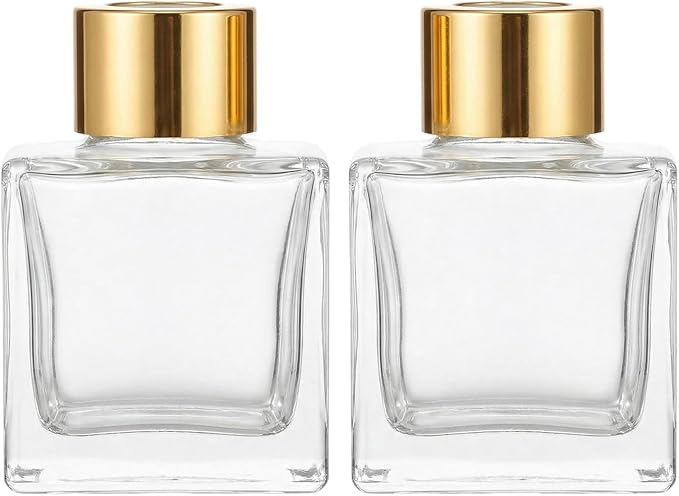 2PCS 50ml/1.7oz Empty Clear Glass Diffuser Jars with Gold Cap Small Square-Shaped Essential Oil Container Fragrance Accessories Use for DIY Replacement Set