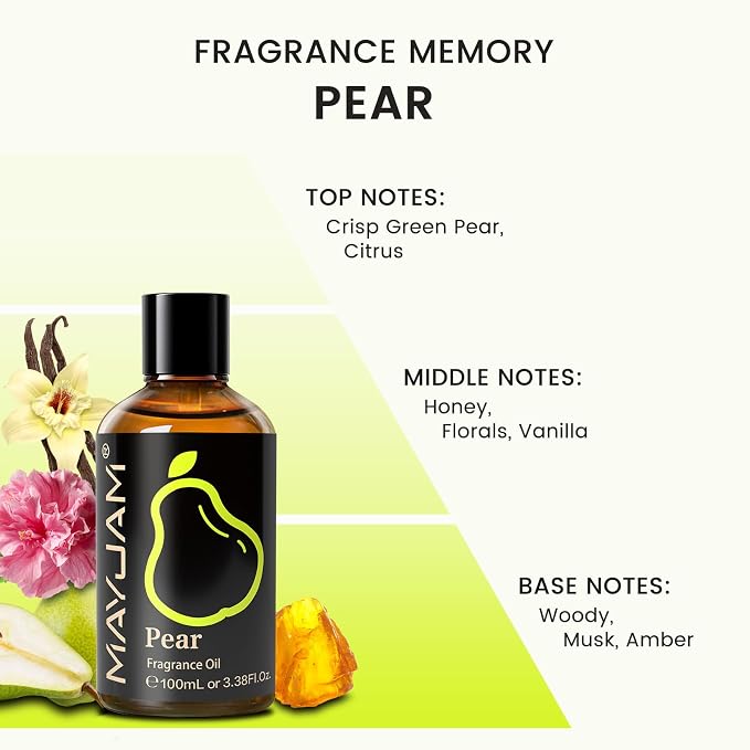 MAYJAM 100ML/3.38FL.OZ Pear Fragrance Oils with Glass Dropper, Essential Oils for Diffusers for Home, Long Lasting Scented Oils for Diffusers Soap Candle Making