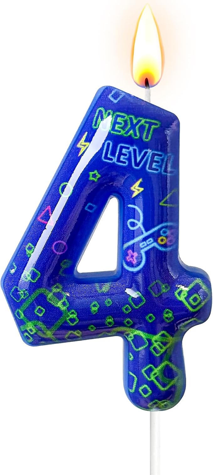 Number 4 Birthday Candle for Cake – Blue Gaming Theme Number Candle with “Next Level” Design, Video Game Style Cake Topper for Anniversary & Celebration