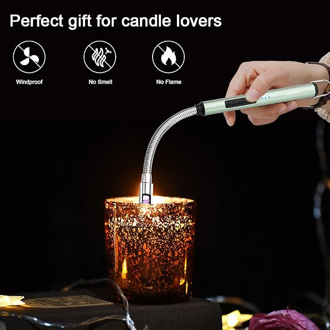 ARECTECH Electric Arc Candle Lighter Flameless Rechargeable USB Long Lighter for Candle Cooking BBQs Fireworks Green
