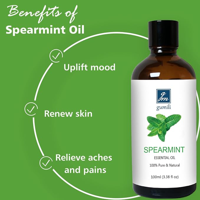 GM Gumili Spearmint Essential Oil, 100% Pure Undiluted Spearmint Oil for Skin, Hair, Aromatherapy - 100ml/3.38 oz