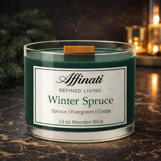 Affinati Winter Spruce Wooden Wick Candle – Luxury Wooden Bowl, 13 oz