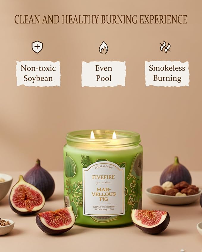 Fig Scented Candles for Office, 13oz Natural Soy Wax 2-Wick Jar, Up to 76-Hour Clean Burn, Green Earthy Creamy Fig Home Fragrance, Gift for Women Men