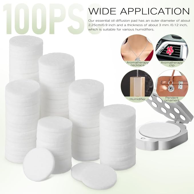 GLEAVI 100 Pack Essential Oil Diffuser Pads, 0.9 Inch Unscented Aroma Replacement Pads, Highly Absorbent Scent Refill Inserts for Car Vent Clip, Humidifier and Locket Necklace