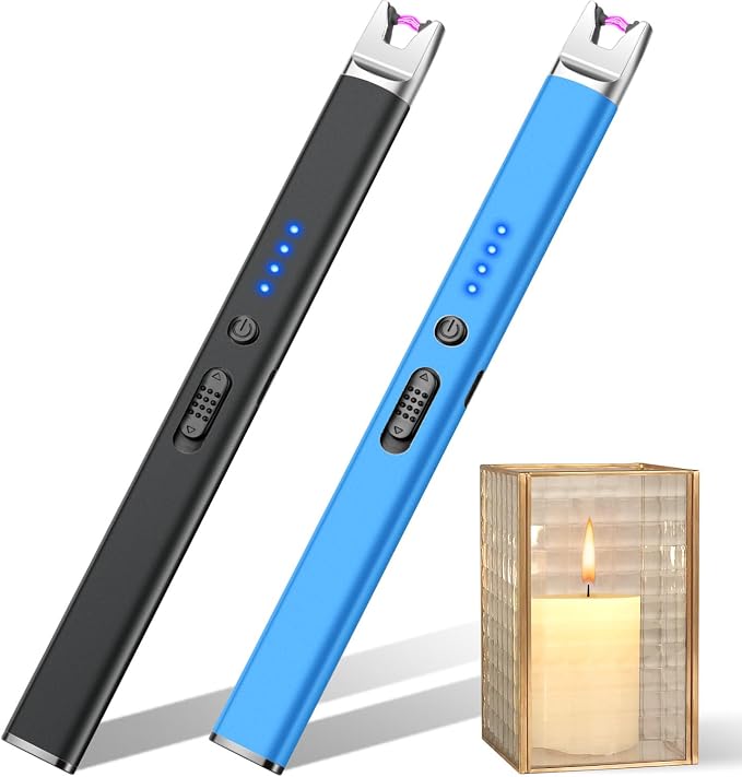 LcFun 2 Pack Candle Lighter Electric USB Rechargeable Plasma Arc Lighter with Safety Lock, Windproof Flameless Long Lighters for Candle, Grill, BBQ, Camping, Gas Stoves (Black,Blue)