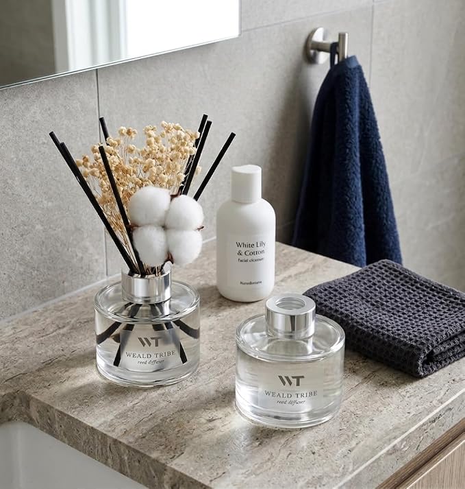 Flower Reed Diffuser Set Pure Cotton Scent for Bathroom Accessories Shelf Decor & Air Fresheners, Sticks Defusers with 5.1 fl oz Essential Oils & Leaves, House Bedroom Office Decor & Gifts