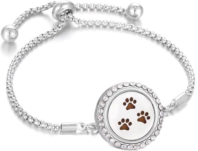 316L Stainless Steel CZ Essential Oil Diffuser Bracelet Paw Print Aromatherapy Locket Bracelet with 10 Pcs Refill Pads for Women