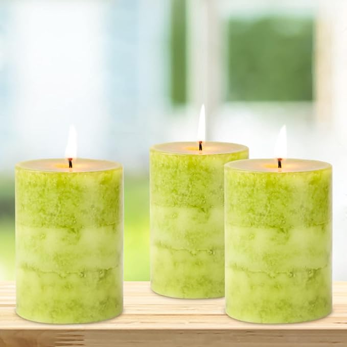 Green Pillar Candles Set of 3 Sage Scented Long Burning Candles 3x4 inch Aromatherapy Clean Burn Dripless Candle for Dinner Table,Weddings, Holidays Home Decorations