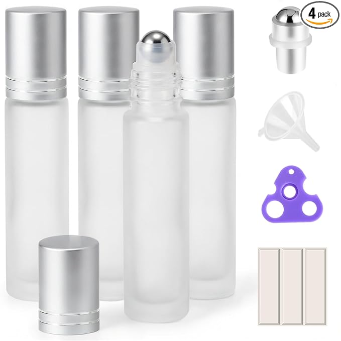 PrettyCare 4 Pack, 10 ml Essential Oil Roller Bottles with Stainless Steel Roller Ball - Refillable Leak-proof Empty Thick Frosted Glass Roll on Bottles with Silver Caps for Travel, Perfume