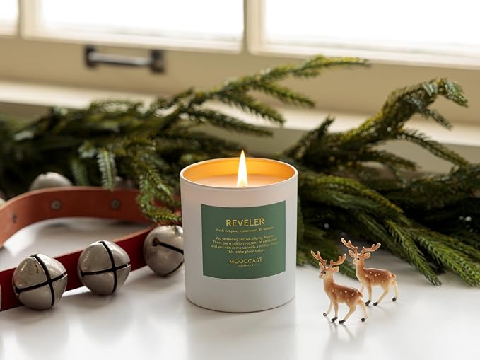 Moodcast Reveler Scented Winter Candle – Aesthetic Holiday Candle for Home, Fresh Pine, Cedarwood & Fir Balsam, Clean Coco Wax Blend, Vegan, Paraben-Free, 45-Hour Burn, Christmas Decor – 8oz