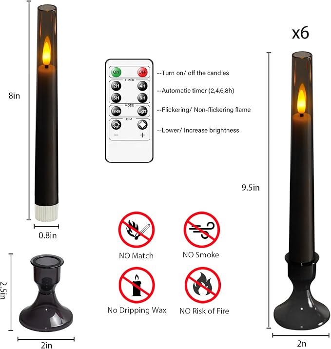 Lezonic Flameless Windows Candles Battery Operated with Timer Remote, 6Pcs Grey Acrylic Flameless Candlesticks with Holders, LED Taper Candles Flickering for Halloween Christmas, 0.8 x 8 inches