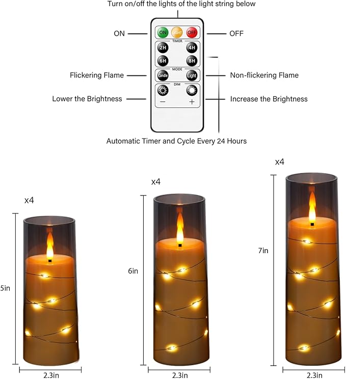Flameless Candles with Embedded Star String, 12 Pcs Battery Operated LED Pillar Candles with Remote and Timer, Suitable for Home Decor, Party, Christmas & Wedding (Grey)