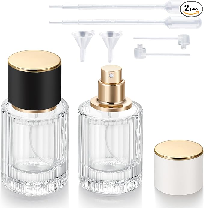 2 Pack 30ml Empty Glass Spray Bottles, Refillable Fine Mist Atomizer Portable Travel Cologne Atomizers Fragrance Containers Sprayer for Perfume (Black Cap and White Cap)
