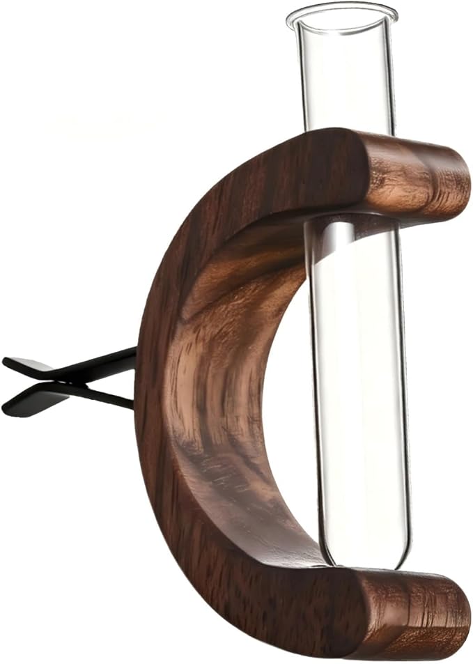 Car Vent Clip Bud Vase, Car Air Vent Propagation Vase Diffuser, Glass Tube Plants Ornamental Decoration, Universal for Horizontal, Vertical, Angled Outlets (C-Shaped Walnut)