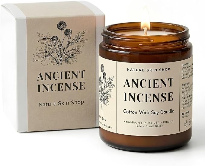 Nature Skin Shop Ancient Incense Artisan Soy Candle Frankincense and Myrrh Aromatherapy Home Fragrance Vegan Cotton Wick 8 oz
