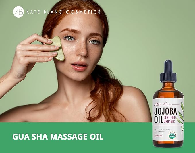 Kate Blanc Cosmetics Organic Jojoba Oil for Hair, Skin, Face, Nails (4oz) - USDA Certified, 100% Pure Cold Pressed Unrefined - Moisturizing Carrier Oil for Gua Sha, Dermaplaning, Body - Glass Bottle