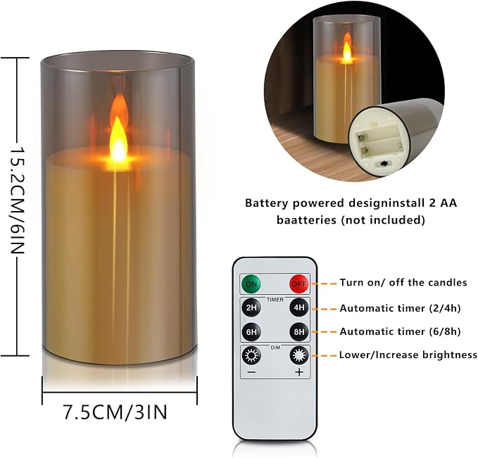wemarry Flameless Candles Acrylic Glass Pillars 3" D x 6" H Battery Operated Flickering Candles Include 8-Key Remote with Timer Function 400+ Hours (Gray, Warm Light 2 Pack)