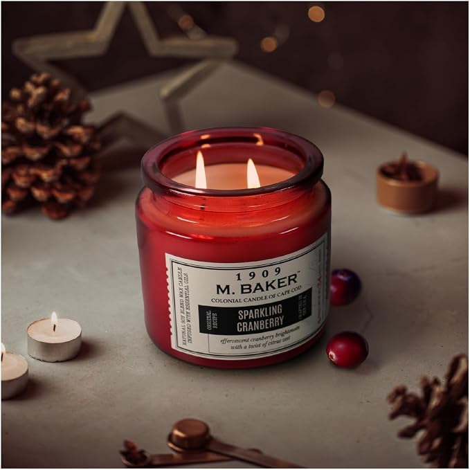 Colonial Candle Sparkling Cranberry Scented Candle, 2-Wick Natural Soy Blend Wax Candle Infused with Essential Oils, 14 oz Apothecary Glass Jar Candle - Made in The USA