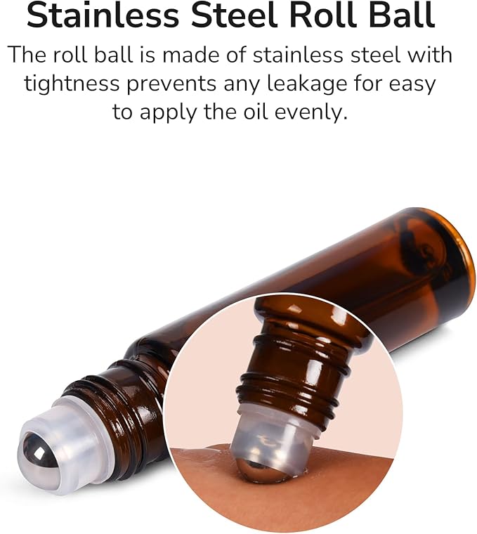 ULG Essential Oil Roller Bottles 12 Pack 10ml Amber Glass Empty Bottles with Stainless Steel Roller Balls for Perfume