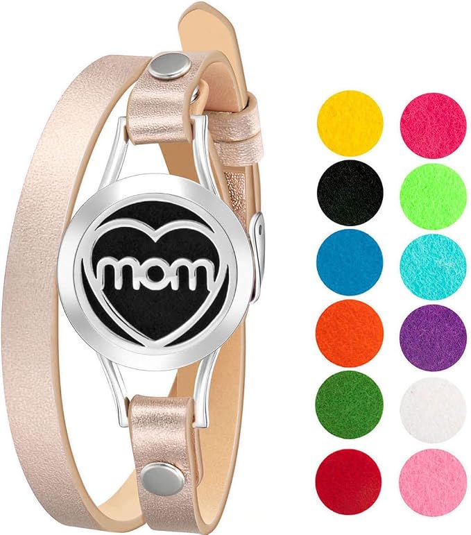 Wild Essentials MOM Essential Oil Bracelet Diffuser, Leather Wrap Band, Stainless Steel Locket Pendant, 12 Color Refill Pads, Customizable Color Changing Perfume Jewelry for Aromatherapy