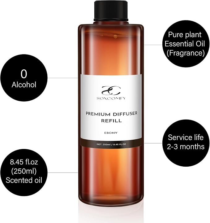 Diffuser Oil Refill, 250ml / 8.45 fl oz, Ebony - Reed & Aromatherapy Diffuser Oil, Long-Lasting Home Fragrance, Eucalyptus, Agarwood & Sandalwood Notes