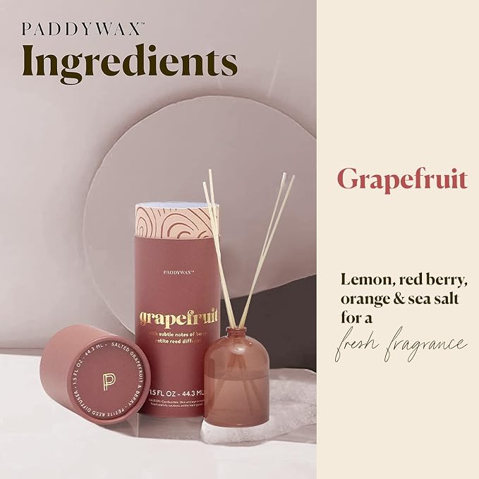 Paddywax Petite Reed Diffuser Set with Wooden Reeds, 720 Hour Long Lasting Home Fragrance Oil Diffuser, Decorative Milky Glass Bottle, Grapefruit Scent, Rose, 1.5 oz