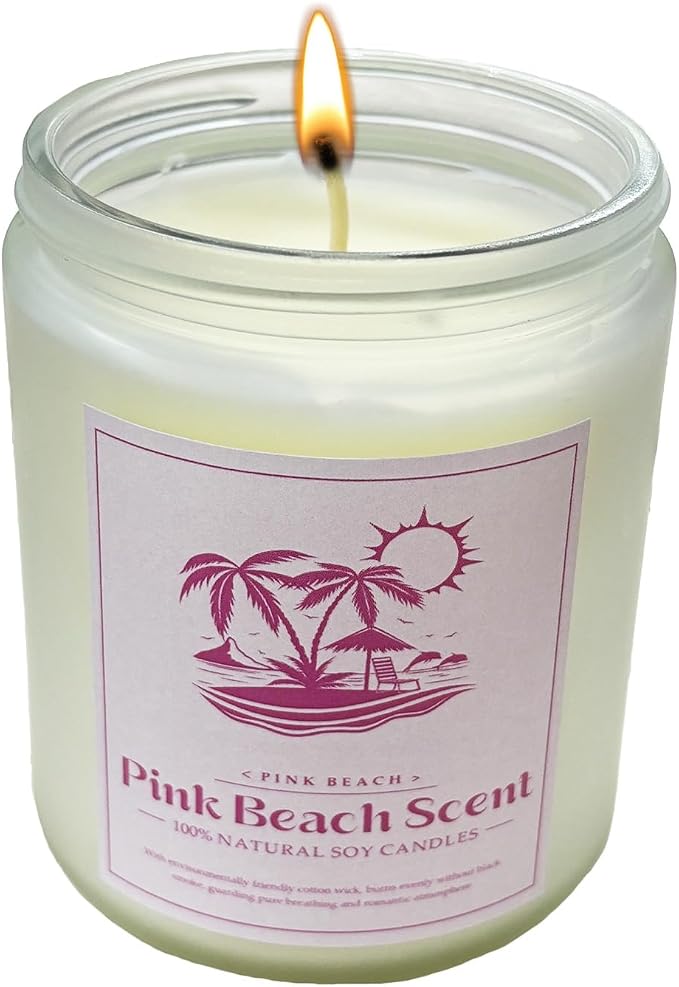Pink Beach Scented Candle, 9 oz Natural Soy Candles for Home Scented, 50 Hour Burn Time, Home Decor Gift for Women, Friends, Family